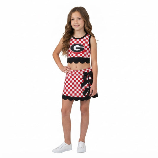 GSD4287 Mascot School Team Plaid Black Bows Scallop Edge Yoga Girls Skorts Set