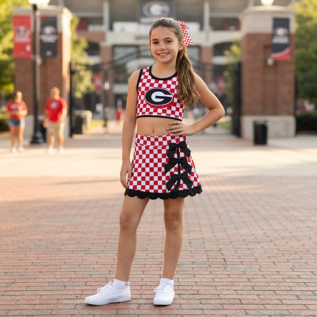 GSD4287 Mascot School Team Plaid Black Bows Scallop Edge Yoga Girls Skorts Set