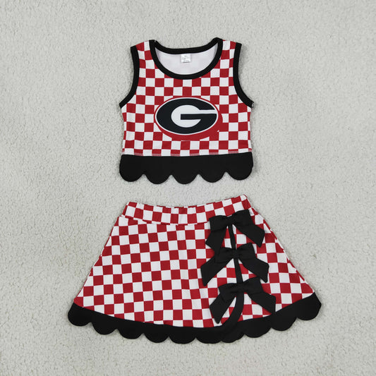 GSD4287 Mascot School Team Plaid Black Bows Scallop Edge Yoga Girls Skorts Set