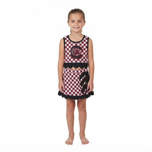 GSD4288 Mascot School Team Plaid Black Bows Scallop Edge Yoga Girls Skorts Set