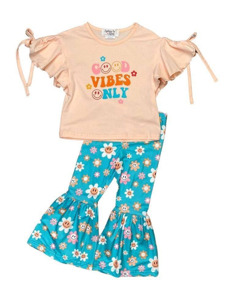 GSPO0637 Good Vibes Only Blue Girls Short Sleeve Bell Bottom Pants Outfits