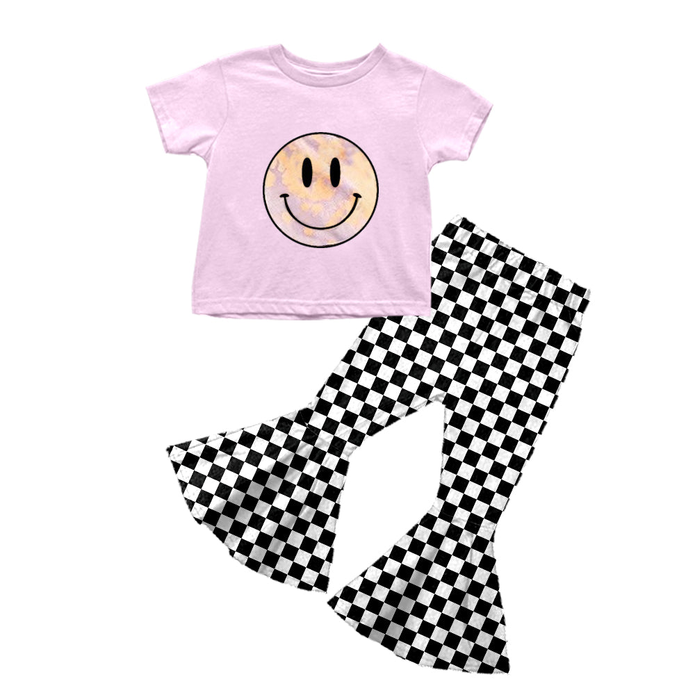 GSPO0660 2Pcs Pink Smile Emoji Pants Girls Long Sleeve Pants Outfits