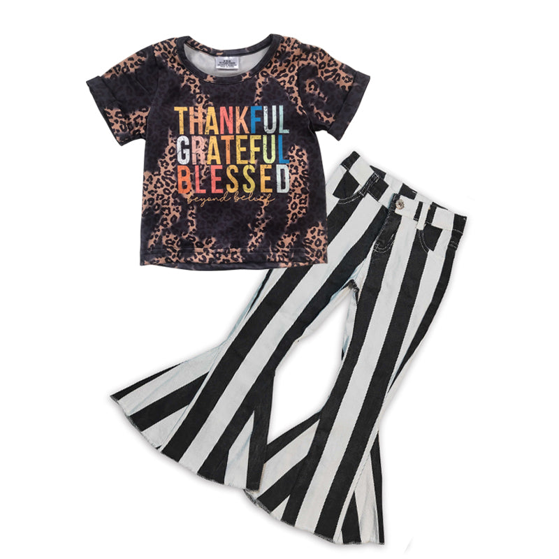 GSPO0661 2Pcs Thankful Grateful Blessed Denim Girls Short Sleeve Bell Bottom Pants Outfits