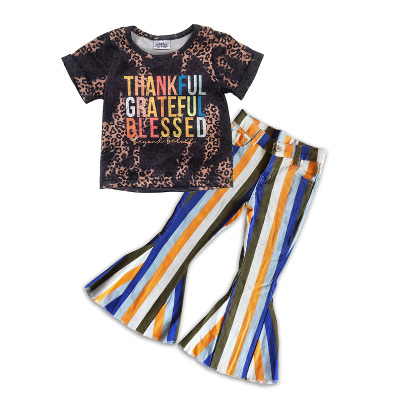 GSPO0662 2Pcs Thankful Grateful Blessed Denim Girls Short Sleeve Bell Bottom Pants Outfits