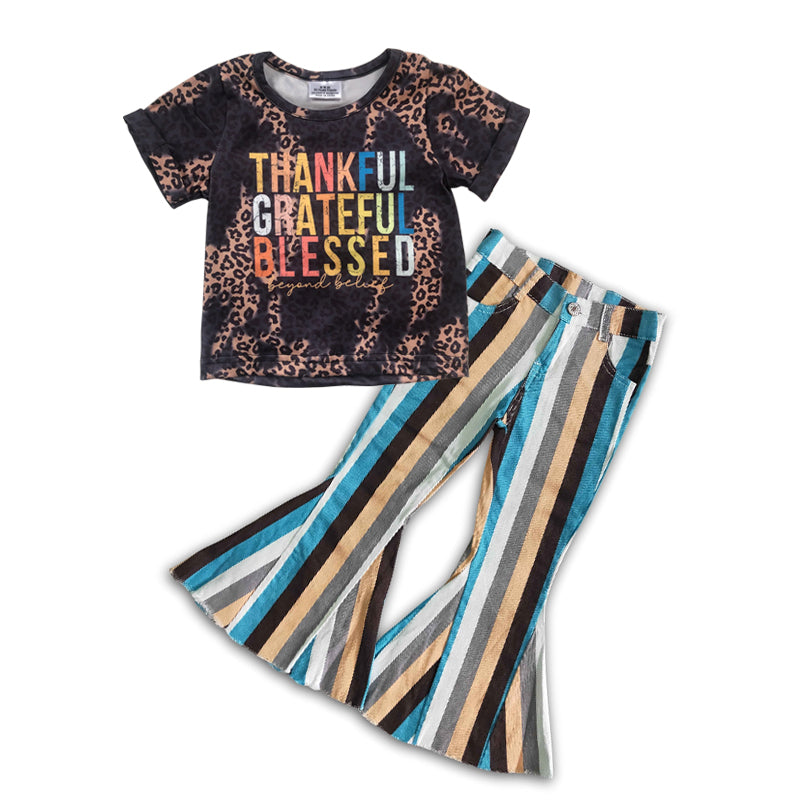 GSPO0663 2Pcs Thankful Grateful Blessed Denim Girls Short Sleeve Bell Bottom Pants Outfits