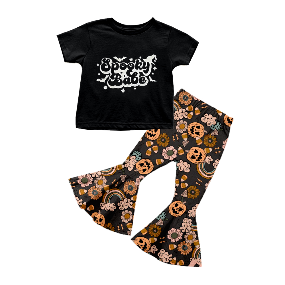 GSPO0667 2Pcs Spooky Babe Halloween Pants Girls Long Sleeve Pants Outfits