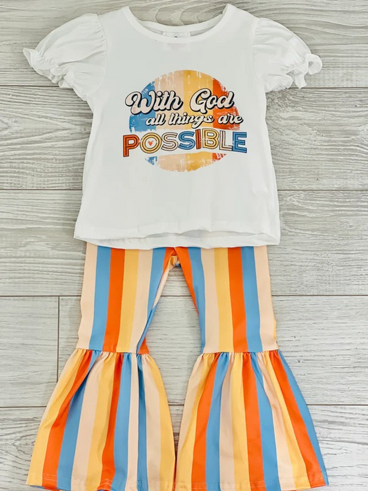 GSPO0684 With God All Things Are Possible Yellow Stripes Girls Short Sleeve Pants Outfits
