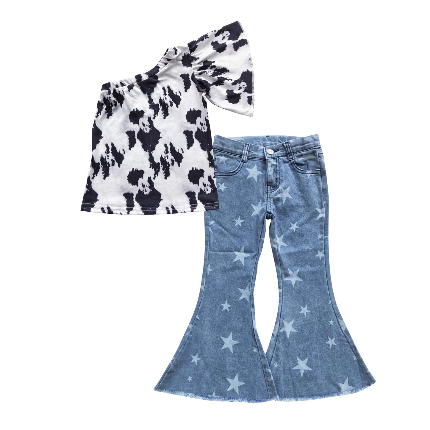 GSPO0692 2Pcs Cow Single Girl Denim Girls Short Sleeve Bell Bottom Pants Outfits