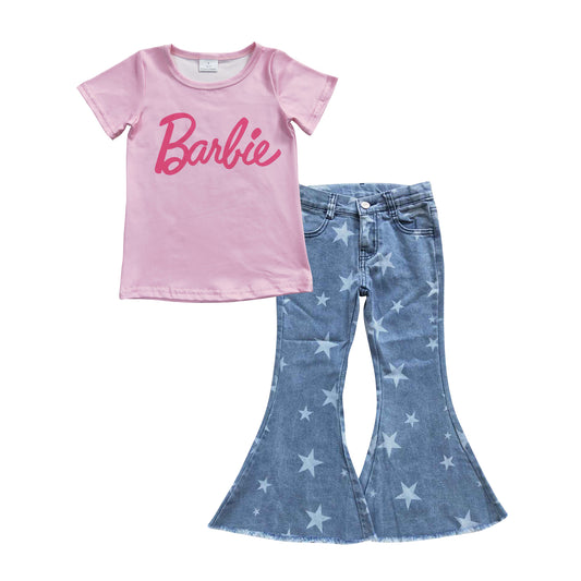 GSPO0693 2Pcs Pink letter Girl Denim Girls Short Sleeve Bell Bottom Pants Outfits