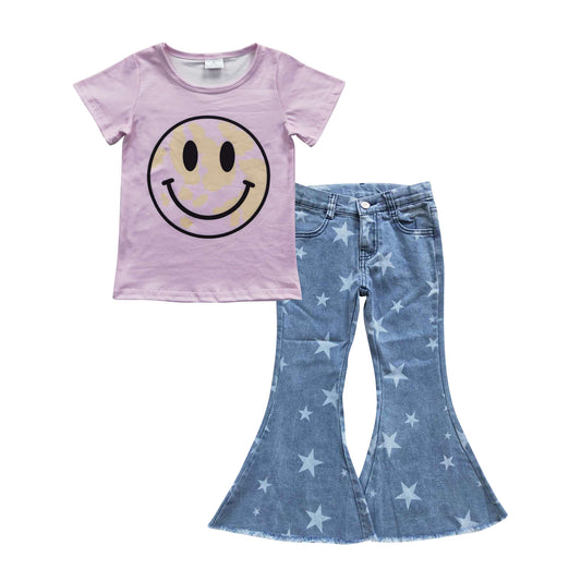 GSPO0694 2Pcs Pink Emoji Smile Girl Denim Girls Short Sleeve Bell Bottom Pants Outfits