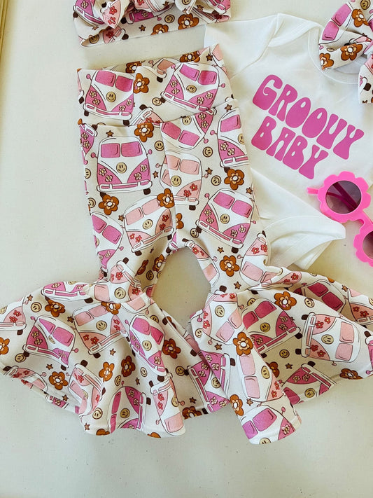 GSPO0718 Groouy Baby Pink Bus Girls Short Sleeve Pants Outfits