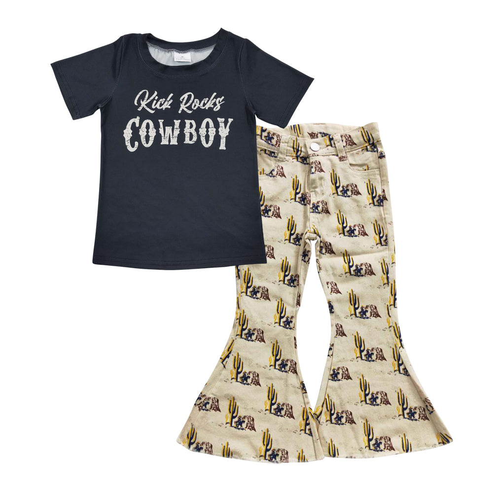 GSPO0736 2Pcs Cowboy Denim Girls Short Sleeve Bell Bottom Pants Outfits