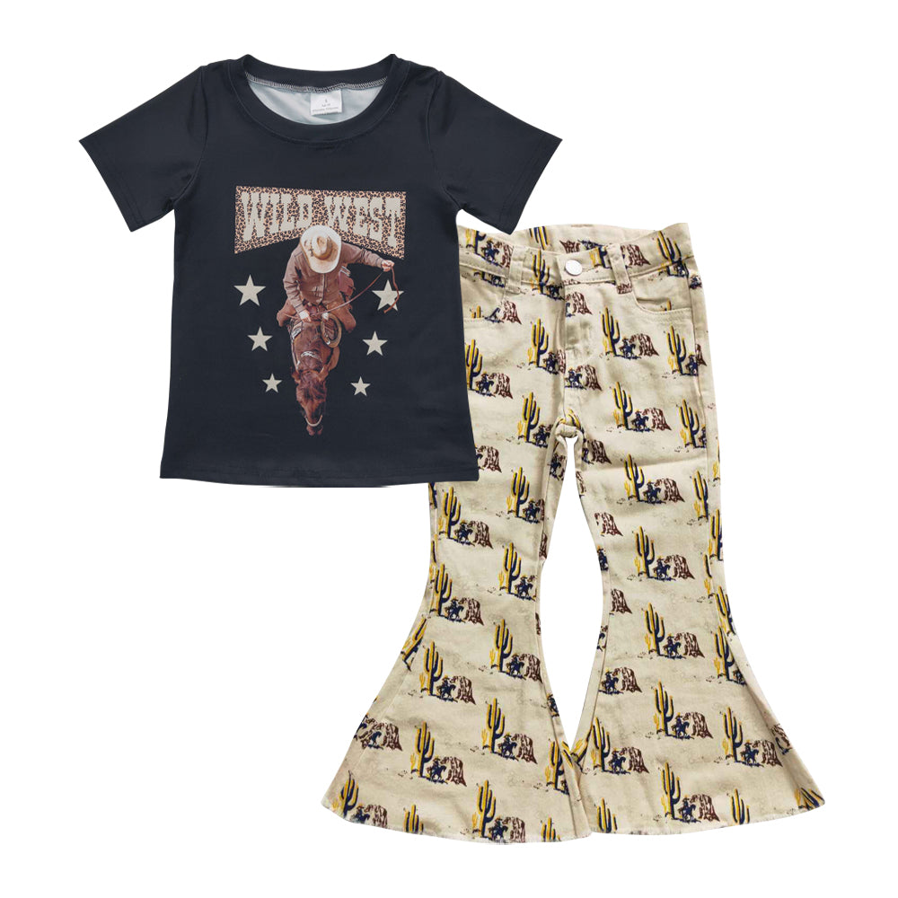 GSPO0737 2Pcs Cowboy Denim Girls Short Sleeve Bell Bottom Pants Outfits