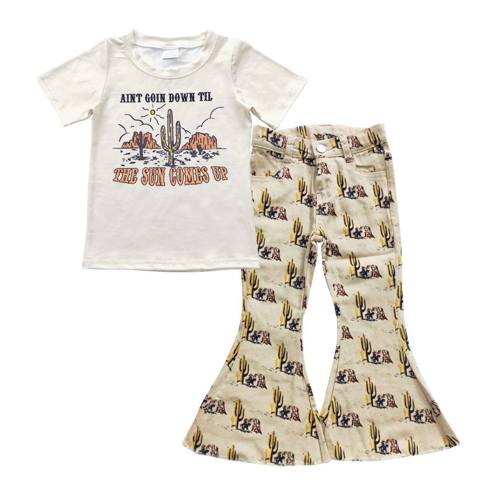 GSPO0738 2Pcs Cowboy Denim Girls Short Sleeve Bell Bottom Pants Outfits