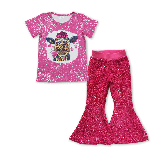 2pcs GSPO0952 Highland Cow Valentine Love Pink Sequin Girls Short Sleeve Bell Bottom Pants Outfits