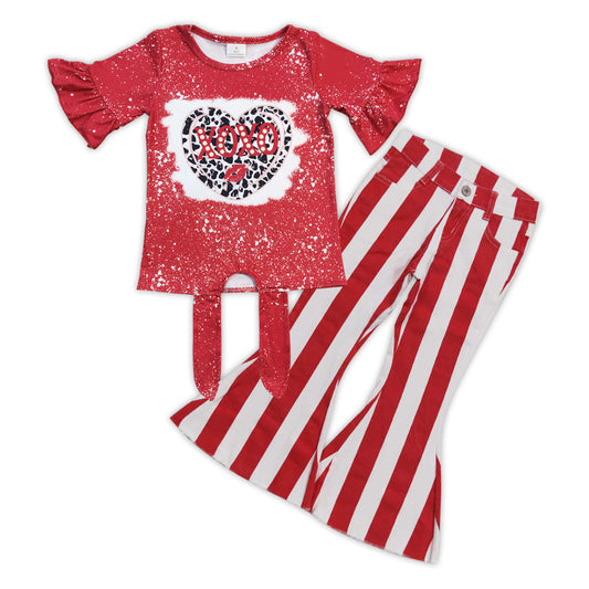 GSPO0953 2Pcs Love Valentine Red Stripes Denim Boys Short Sleeve Bell Bottom Pants Outfits