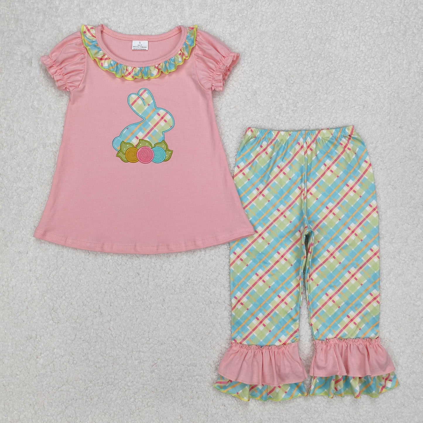 GSPO0974 Embroidered Easter Outfits Pink Green Bunny Carrot Ruffle Short sleeve Top Pants Girls boutique sets 202503 RTS