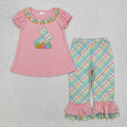 GSPO0974 Embroidered Easter Outfits Pink Green Bunny Carrot Ruffle Short sleeve Top Pants Girls boutique sets 202503 RTS