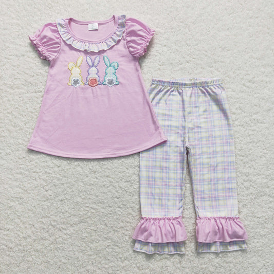 GSPO0977 Embroidered Easter Bunny Purple Ruffle Short Sleeve Pants Girls Sets RTS 202508