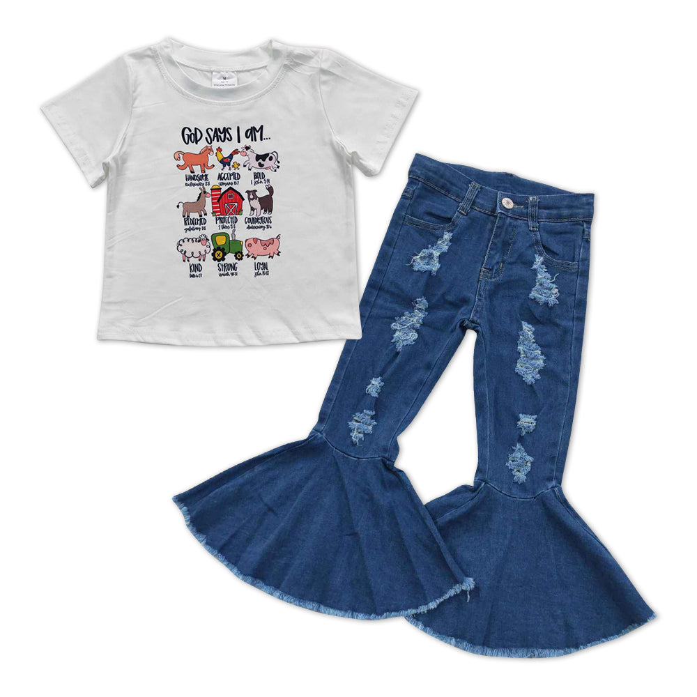 GSPO1003 2Pcs Farm Pig Blue Denim Girls Short Sleeve Bell Bottom Pants Outfits