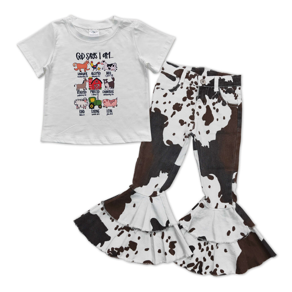 GSPO1005 2Pcs Farm Pig Cow Print Denim Girls Short Sleeve Bell Bottom Pants Outfits