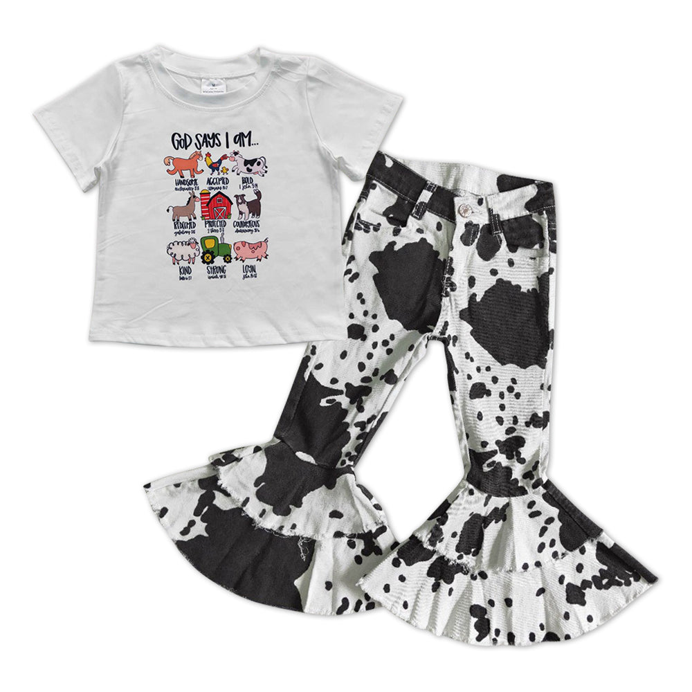 GSPO1006 2Pcs Farm Pig Cow Print Denim Girls Short Sleeve Bell Bottom Pants Outfits