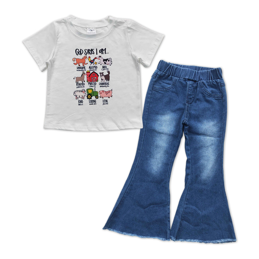 GSPO1007 2Pcs Farm Pig Blue Denim Girls Short Sleeve Bell Bottom Pants Outfits