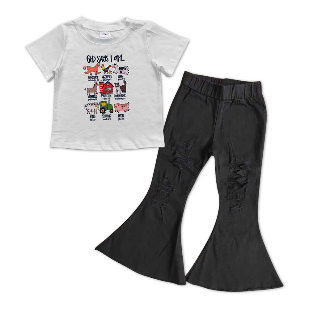 GSPO1008 2Pcs Farm Pig Black Denim Girls Short Sleeve Bell Bottom Pants Outfits