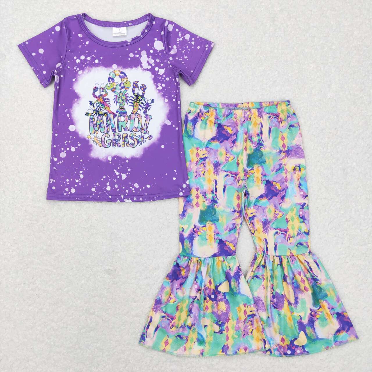 GSPO1016 Happy Mardi Gras clothing Purple short sleeve top colored bell bottom pants with lobster Girls Boutique outfits 202501