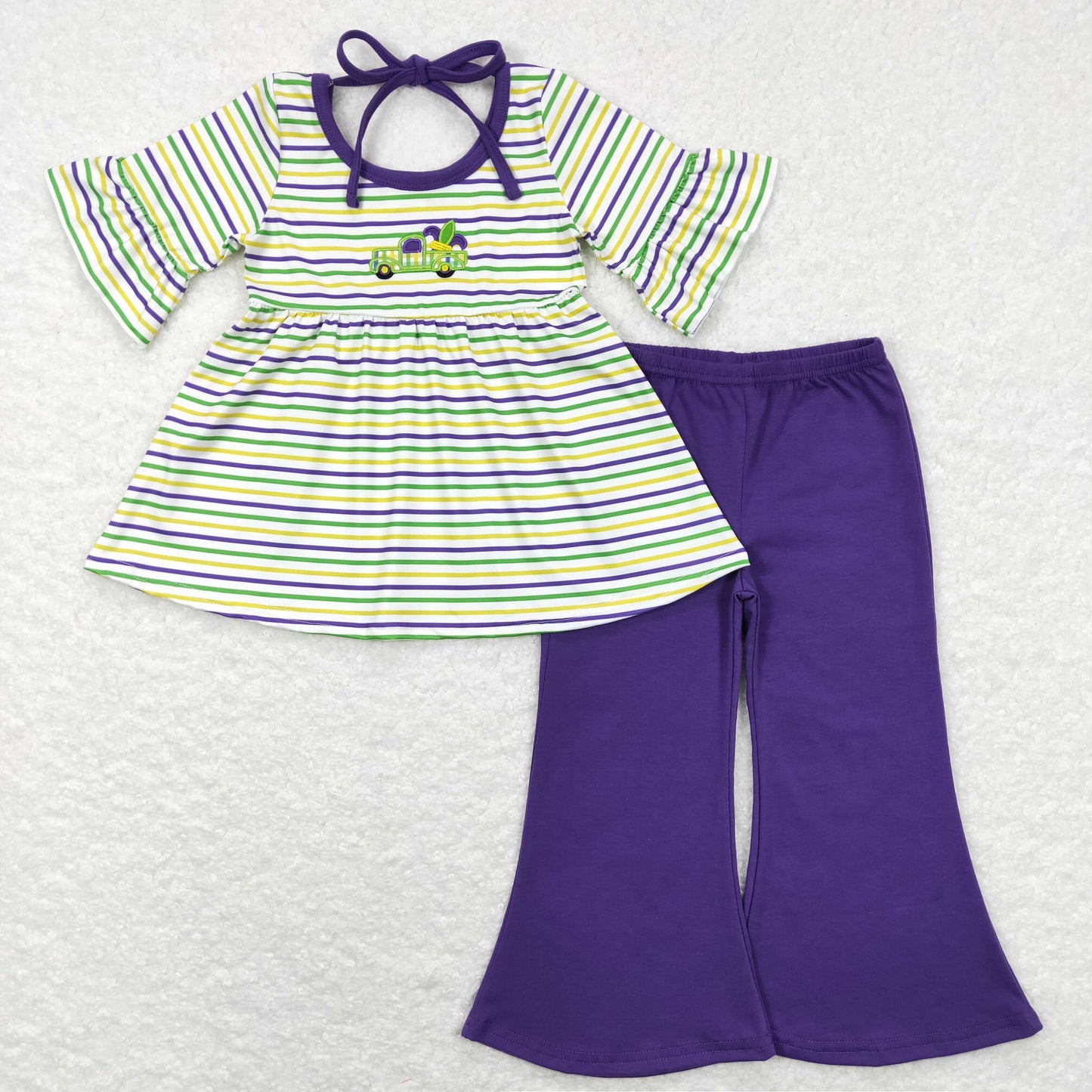 GSPO1021 Mardi Gras clothing Green Striped short flare sleeve top Purple pants Girls Boutique outfits 202501