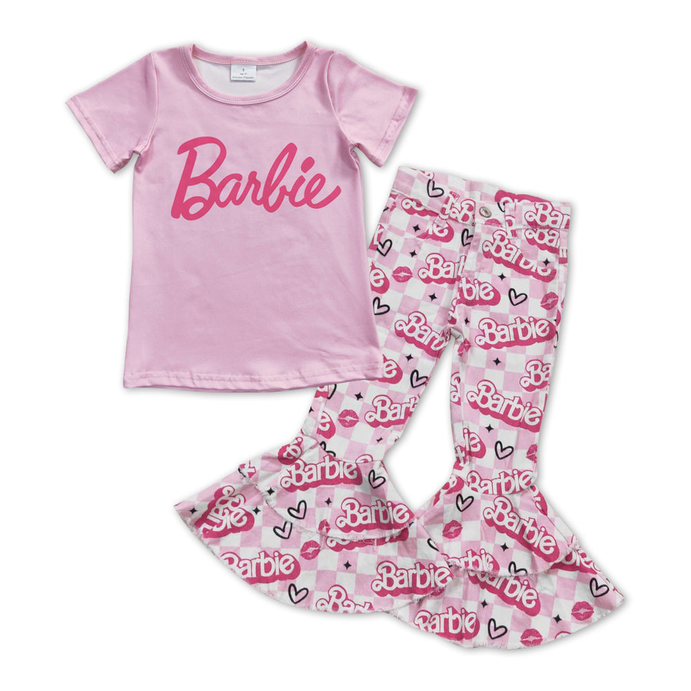 GSPO1062 2Pcs Pink B Cartoon Denim Girls Short Sleeve Bell Bottom Pants Outfits