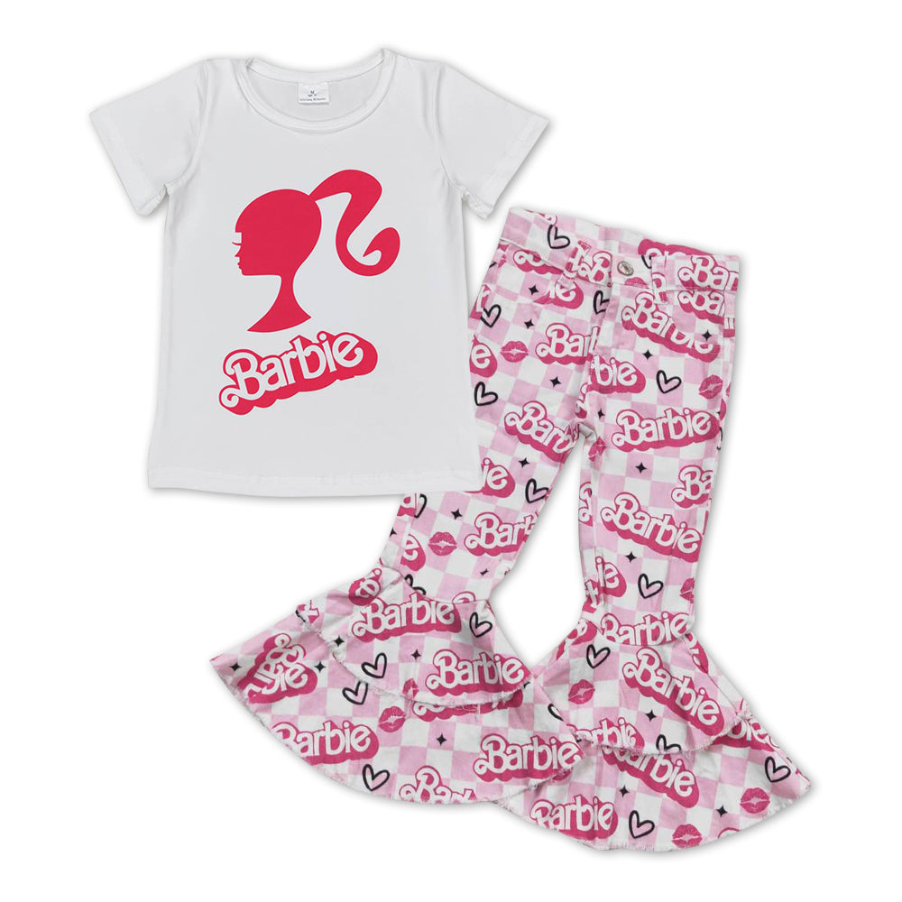 GSPO1063 2Pcs Pink B Cartoon Denim Girls Short Sleeve Bell Bottom Pants Outfits