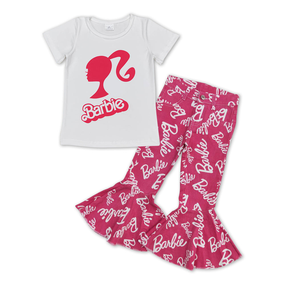 GSPO1064 2Pcs Pink B Cartoon Denim Girls Short Sleeve Bell Bottom Pants Outfits
