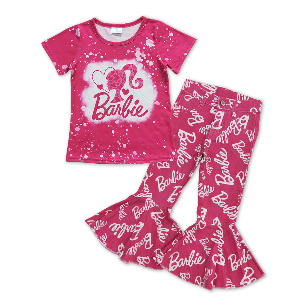 GSPO1065 2Pcs Pink B Cartoon Denim Girls Short Sleeve Bell Bottom Pants Outfits