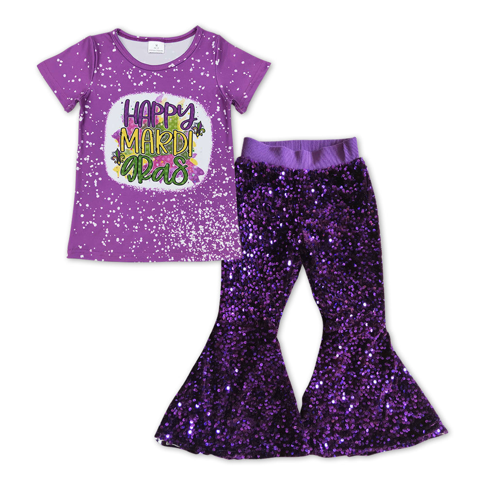 2pcs GSPO1103 Mardi Gras Purple Sequin Girls Short Sleeve Bell Bottom Pants Outfits