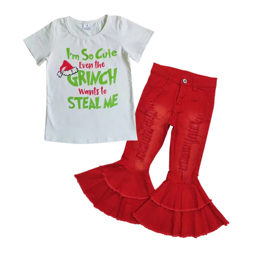 GSPO1107 2Pcs Christmas Green Red Cartoon Denim Girls Short Sleeve Bell Bottom Pants Outfits