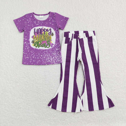 GSPO1123 Happy Mardi Gras apparel Purple short sleeve top denim bell bottom pants Girls Boutique outfits 202501