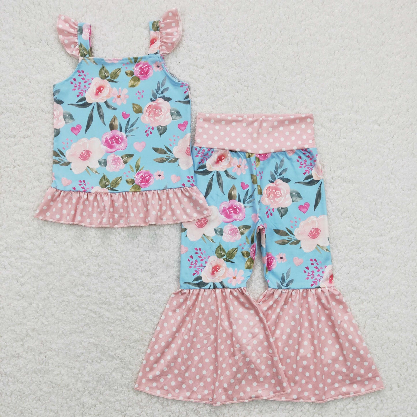 GSPO1163 Flower Pink Dots Flying Sleeve Bell Bottom Pants Girls Outfits RTS 202508