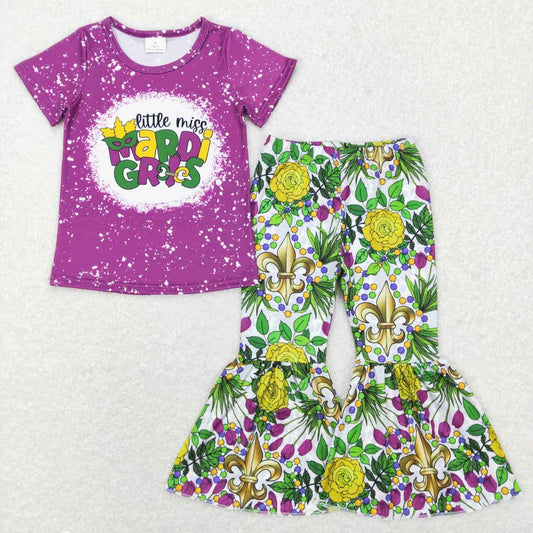 GSPO1171 Happy Mardi Gras apparel Purple short sleeve top green mask bell bottom pants Girls Boutique outfits 202501