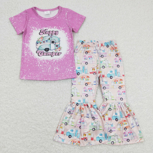 GSPO1196 Happy Camper Bus Purple short sleeve top bell bottom pants set Girls clothing sets summer outfit RTS 202501