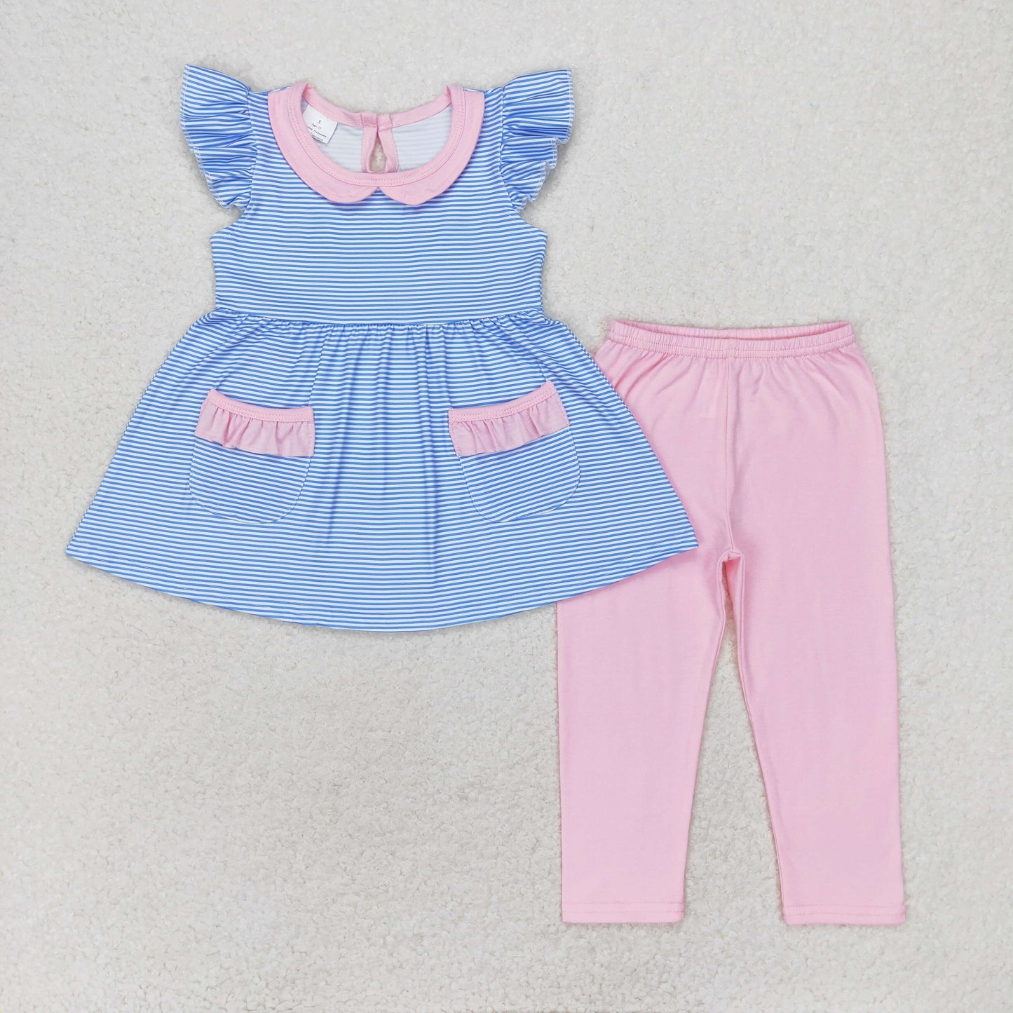 GSPO1241 Blue striped pink lace doll collar flying sleeve pantsuit little girls summer clothing sets