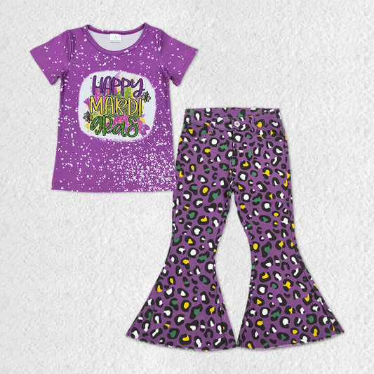 GSPO1250 Happy Mardi Gras apparel Purple short sleeve top purple Leopard print denim bell bottom pants Girls Boutique outfits 202501