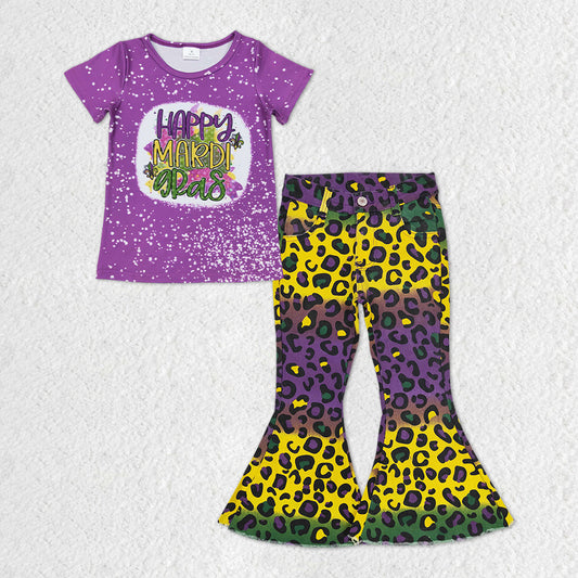 GSPO1251 Happy Mardi Gras apparel Purple short sleeve top denim bell bottom pants Girls Boutique outfits 202501