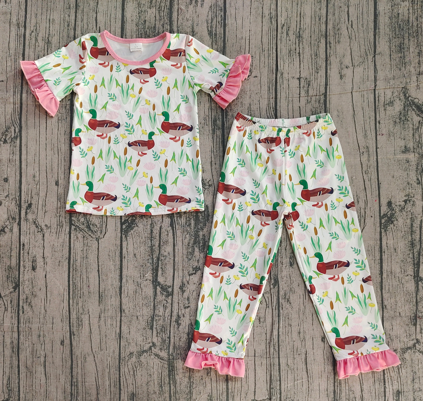 NO MOQ Preorder GSPO1252 Ducks Flower Pink Ruffle Short Sleeve Pants Girls Pajama Set 202511