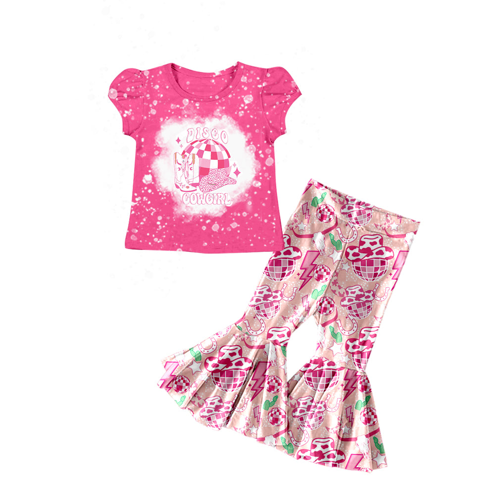 preorder GSPO1274 Pink Disco cowgirl Girls Short Sleeve Pants Outfits