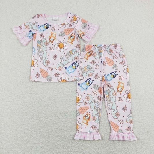 GSPO1278 Easter Blue Dog Cartoon Rabbit Girls Short Sleeve Pants Outfits Pajamas RTS 202507