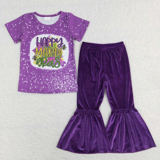 GSPO1280 Mardi Gras outfit Purple short sleeve Top Velvet Bell Bottom Pants Girls Boutique outfits 202412