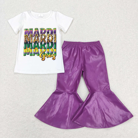 GSPO1281 Mardi Gras apparel White short sleeve top Purple leather bell bottom pants Girls Boutique outfits 202501