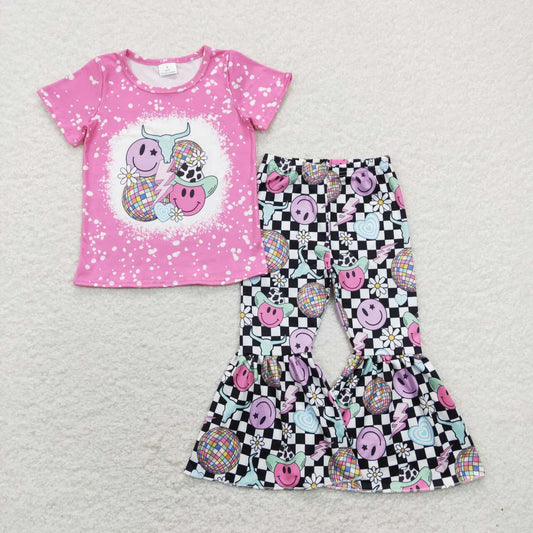 GSPO1290 Smile Face Plaid Flower Rose Red Short-Sleeved Bell Bottom Pants Girls Outfits RTS 202507