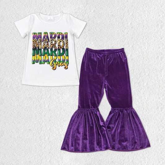 GSPO1325 Mardi Gras apparel White short sleeve Top Velvet Bell Bottom Pants Girls Boutique outfits 202412